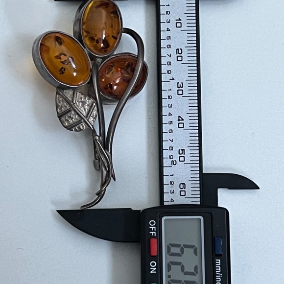 VINTAGE BALTIC AMBER BROOCH 925 STERLING SILVER HONEY  LARGE FLOWER - Picture 3 of 9